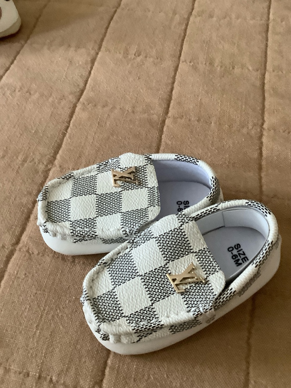 Checkerboard Baby Slip-On Loafers with Gold Accent - White/Gray
